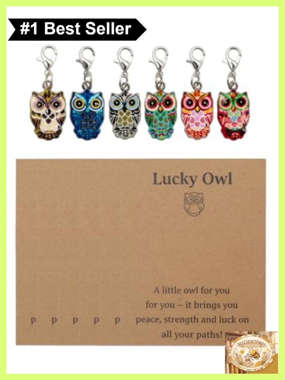 6-Pack Lucky Owl Keychain Set with Encouragement Card Pocket Hug Gift